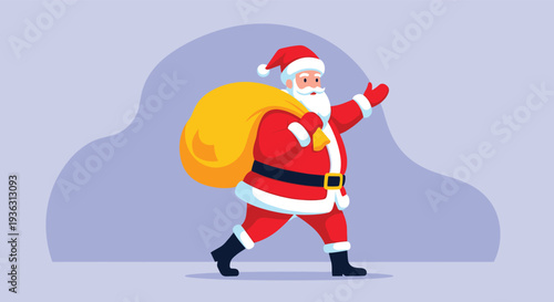 Santa Claus walking with a heavy yellow sack of presents and waving a hand for christmas holiday deliveries.