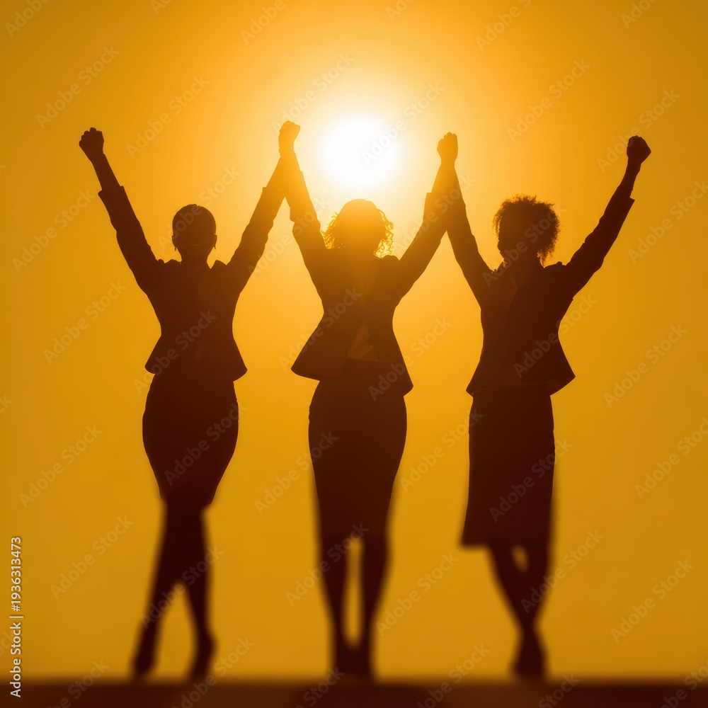 Fototapeta premium Joyful silhouettes dancing freely beneath a vivid setting sun.