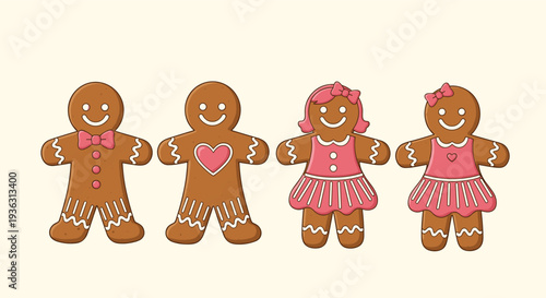 Set of four cute gingerbread man and woman characters wearing festive pink outfits and bows for holiday cookies illustration design.
