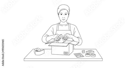 Person packing a cardboard box with tape and supplies.