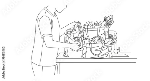 Person packing groceries into reusable shopping bags.