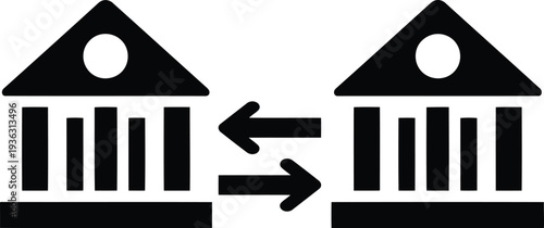 Simple icon of two buildings with arrows indicating transfer or exchange