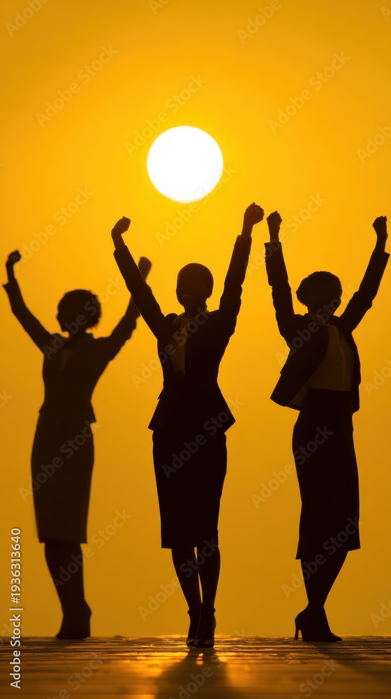 Fototapeta premium Joyful silhouettes dancing freely beneath a vivid setting sun.