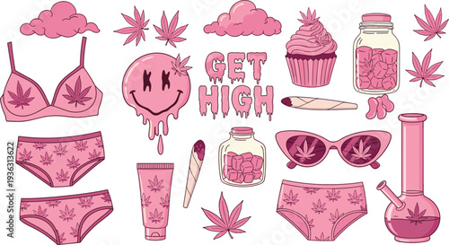 Pink Cannabis Lifestyle and Fashion Illustration Set Featuring Leaf Patterned Lingerie Bong Melting Smiley and Edible Treats