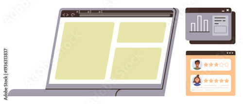 Web development, user experience, UI design, data analytics, digital feedback, customer service. Laptop screen showing webpage layout and separate panels for analytics and user reviews. UI design