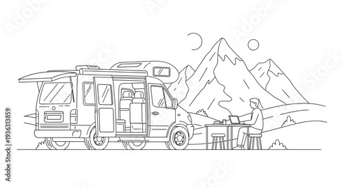 Person working on laptop outside campervan in mountains.