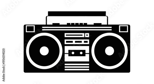 Retro boombox stereo system with speakers and cassette deck.