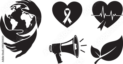 Environmental Awareness and Health Icons in Black and White