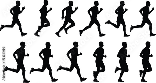 Running motion silhouettes, twelve dynamic poses of athlete sprinting sequence, vector illustration for sports science, biomechanics, animation, fitness training design