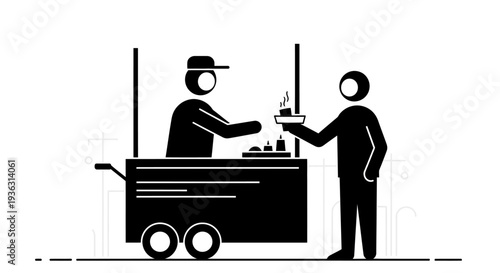 Street food vendor serving customer from a cart.