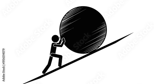 Stick figure pushing a large boulder uphill illustration.