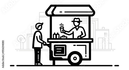 Street food vendor serving customer from a cart illustration.