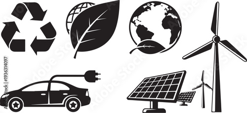 Eco Friendly Energy and Transportation Icons in Black and White