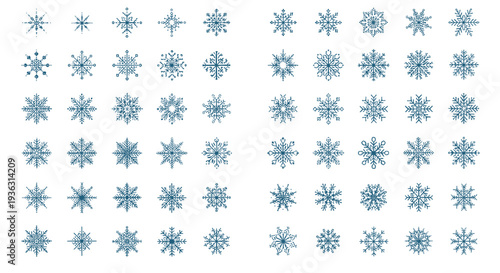 Large collection of fifty unique pixel art snowflake designs in various shapes and sizes for winter holiday graphic design elements.