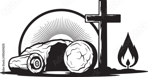 Easter Tomb with Cross and Flame Symbolic Illustration Black