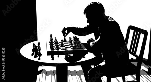 Silhouette of a man playing chess on a round table.
