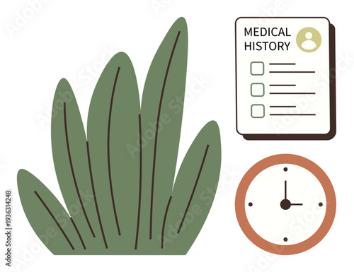 Healthcare planning, wellness, medical records, time management, environmental health, patient care. A clipboard with a medical history, a clock and green leaves. Healthcare planning and wellness