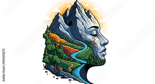 Surreal Face Silhouette Merged With Natural Landscape.