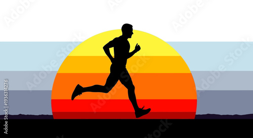 Silhouette of a man running at sunset with colorful stripes.