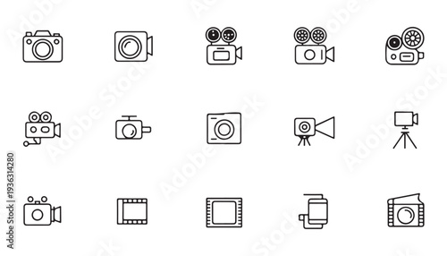 Collection of vintage and modern cameras and video cameras for photography and videography