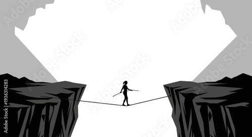 Silhouette of a person balancing on a tightrope between two cliffs.