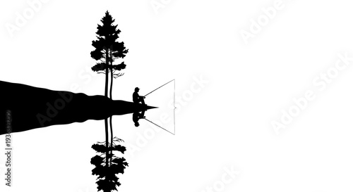 Silhouette of a person fishing by a calm lake with a tree reflection.