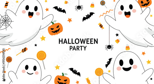 Fun halloween party background with friendly ghosts carved pumpkins flying bats spiders candy and stars scattered across a white surface.