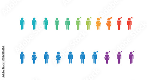Diverse row of colorful human figures representing various gender identities and transitions using male and female symbols on white background.