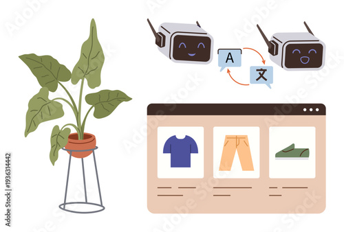 E-commerce, language translation, retail technology, AI communication, shopping platforms, interior decor. A website shows clothing items, chatbots with language bubbles, and a potted plant
