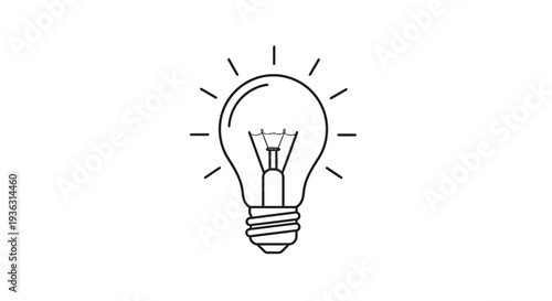Simple Line Drawing of a Glowing Light Bulb with Rays.