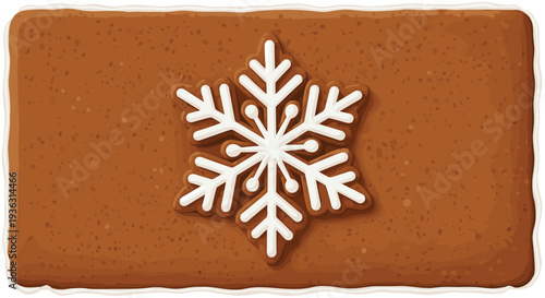 Close up of a rectangular gingerbread cookie featuring a detailed white icing snowflake design placed in the center on a brown background.