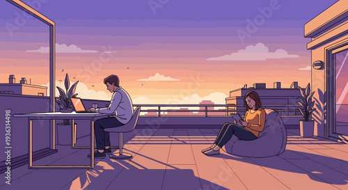 Two people working on a rooftop at sunset.