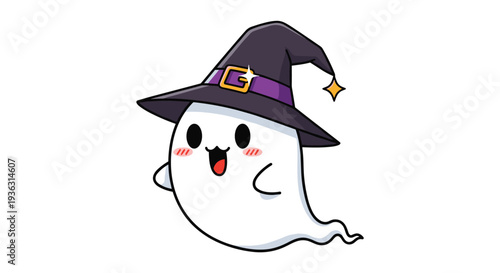 Adorable cartoon ghost character wearing a purple witch hat with a golden buckle and blushing cheeks isolated on white background.