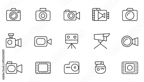 Camera icons set, collection of photo and video camera in black and white line art style