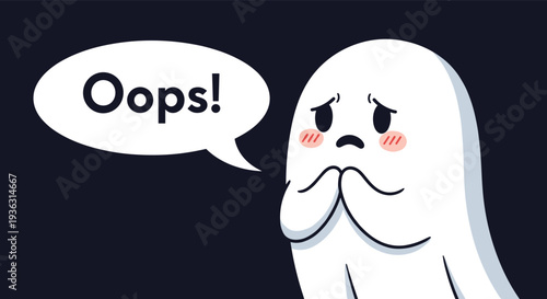 Cute cartoon ghost character with a sad expression and blushing cheeks saying oops in a speech bubble on a dark background.