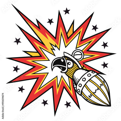 Vector illustration of eagle head wearing space helmet with bomb, explosion background