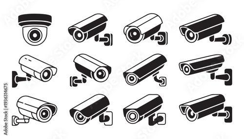 Collection of photography and videography equipment cameras lenses and lights icon set isolated on white background