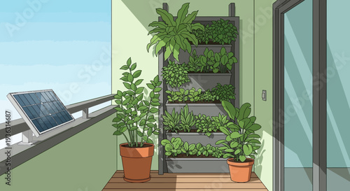 Urban balcony garden with vertical planting system and solar panel.