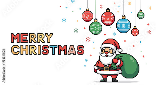 Festive Christmas banner featuring a pixel art Santa Claus carrying a green sack alongside colorful hanging ornaments and snowflakes.