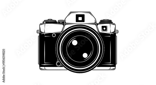 Vintage Camera Front View Black and White Illustration.