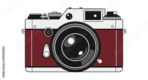 Vintage camera illustration with red body and silver accents.