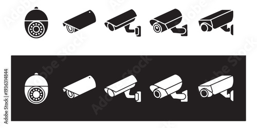 Set of modern security cameras various types security equipment technology icons isolated on black and white background