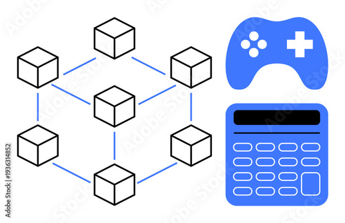 Blockchain technology, gaming industry, cryptocurrency, financial tech, digital transactions, decentralized systems. Connected cubes, gaming controller calculator. Blockchain technology and gaming