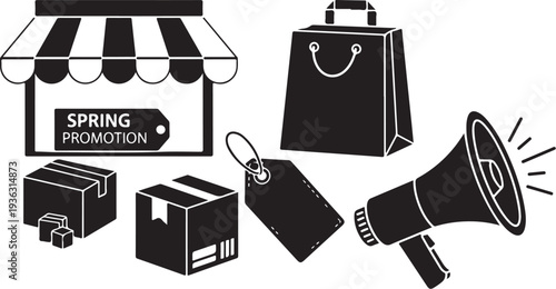 Black and white illustration of spring promotion shopping icons