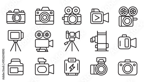 Assorted photography and videography equipment camera icons tripod lights zoom lens and action cam set isolated