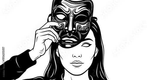 Woman hiding face behind a dramatic mask illustration.