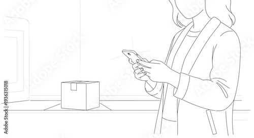 Woman holding smartphone near package illustration.