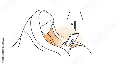 Woman in hijab using smartphone under bedside lamp.