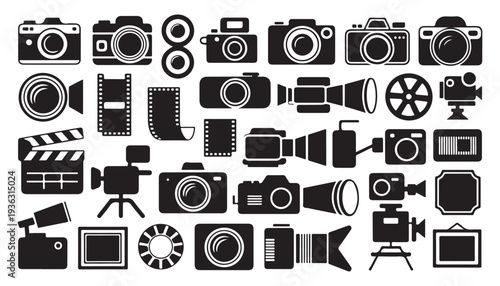 Large collection of filmmaking and photography silhouettes including cameras film strips and lenses