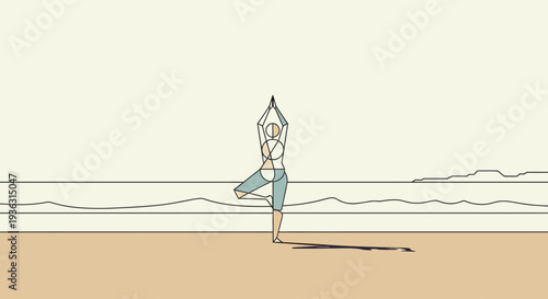 Woman practicing yoga tree pose on beach.